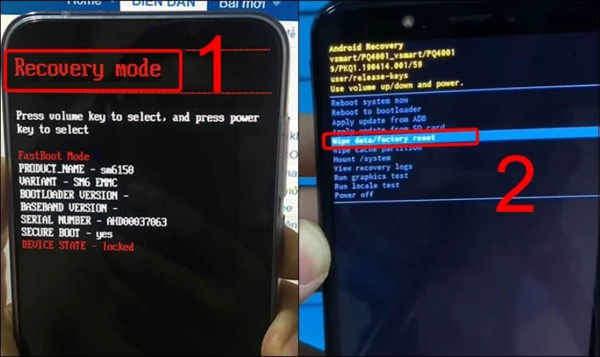 Dùng nút nguồn để xác nhận chọn Wipe data/factory reset