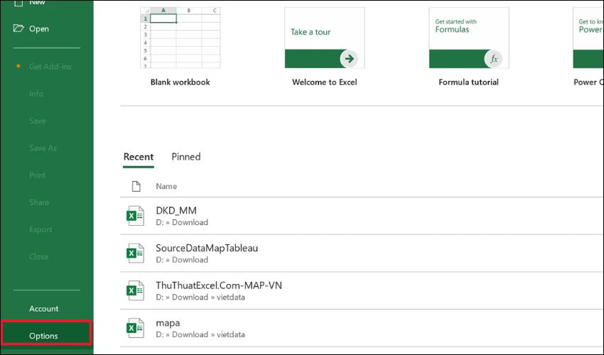 Khởi chạy Microsoft Excel và chọn Options