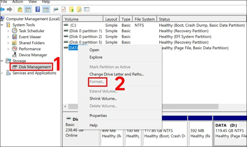 Định dạng thẻ nhớ bằng Disk Management