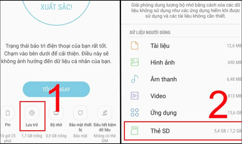 Chọn tiếp vào mục Lưu trữ và sau đó chọn vào thẻ SD