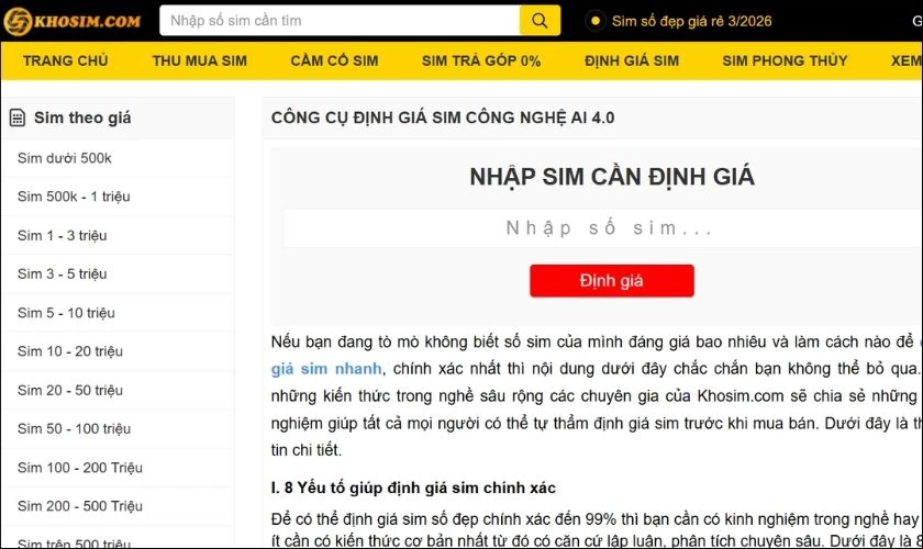 Khosim.com là trang web định giá SIM online uy tín, chính xác trên thị trường