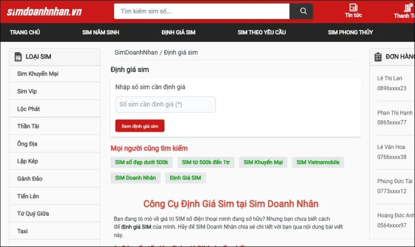 SIM doanh nhân là trang web cung cấp công cụ định giá SIM trực tuyến