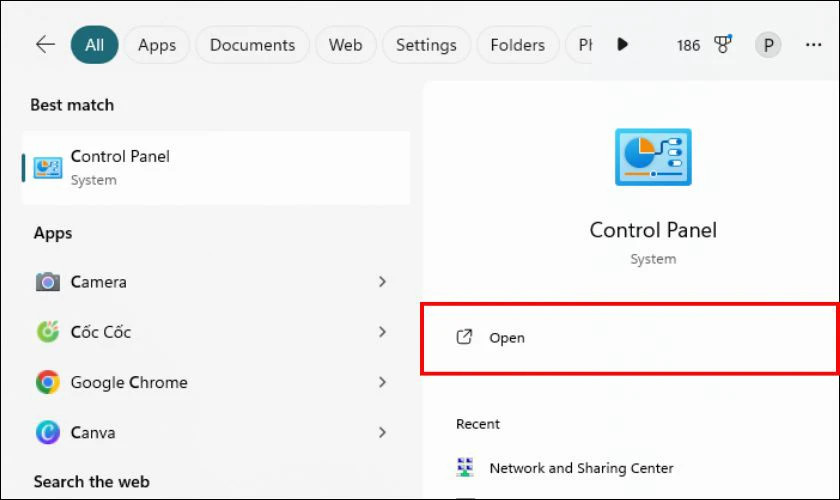 Tìm Control Panel từ Menu Start và nhấn Open