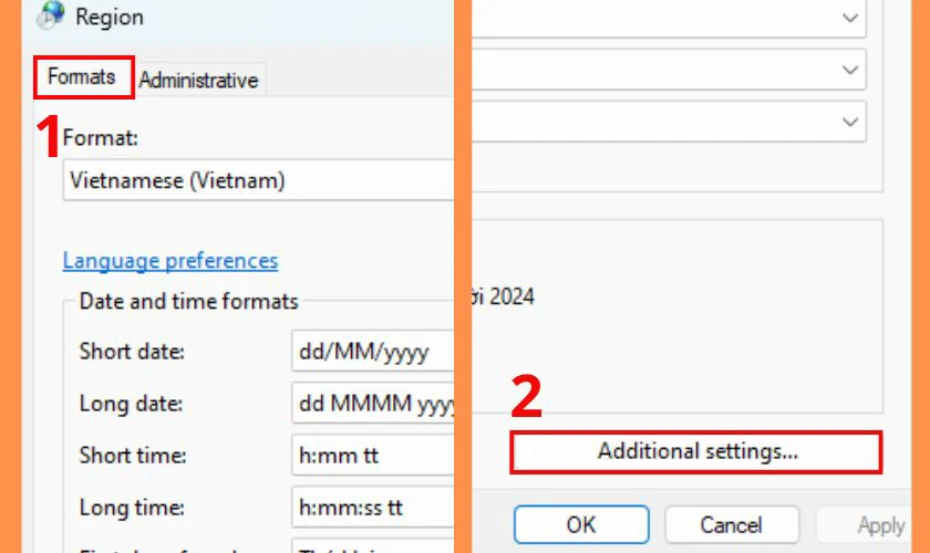 Trong cửa sổ Region, chọn thẻ Formats và nhấp vào Additional Settings...