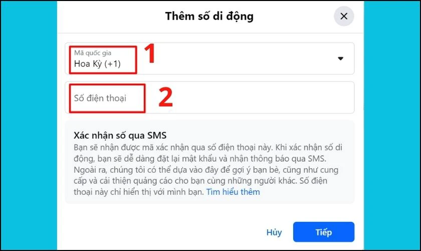 Chọn mã quốc gia của Việt Nam và nhập số điện thoại