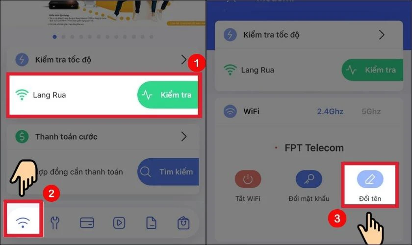Nhấn vào biểu tượng Wifi rồi chọn Đổi tên
