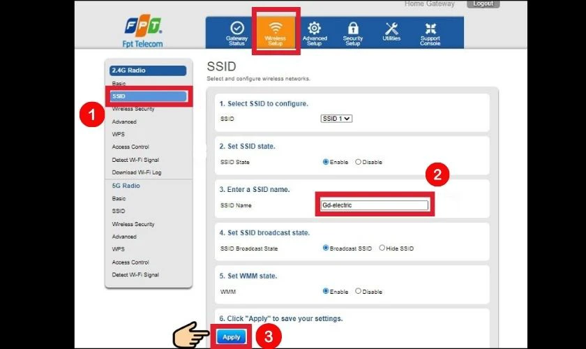 Tìm và chọn mục SSID Name để đổi tên rồi nhấn Apply