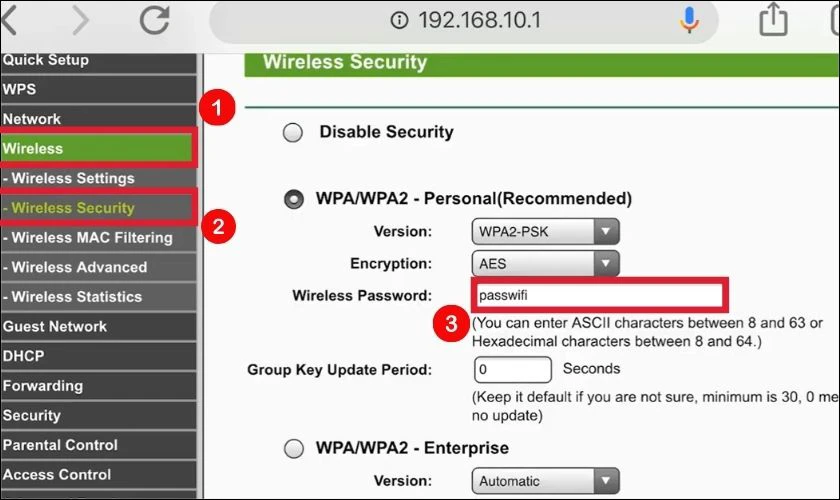 Nhập mật khẩu bạn muốn đặt tại ô Wireless Password