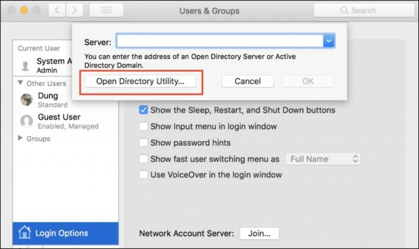 Click vào Open Directory Ultility