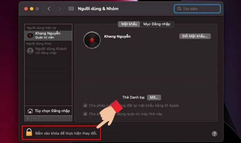 Nhấp vào biểu tượng ổ khóa và nhập thông tin tài khoản
