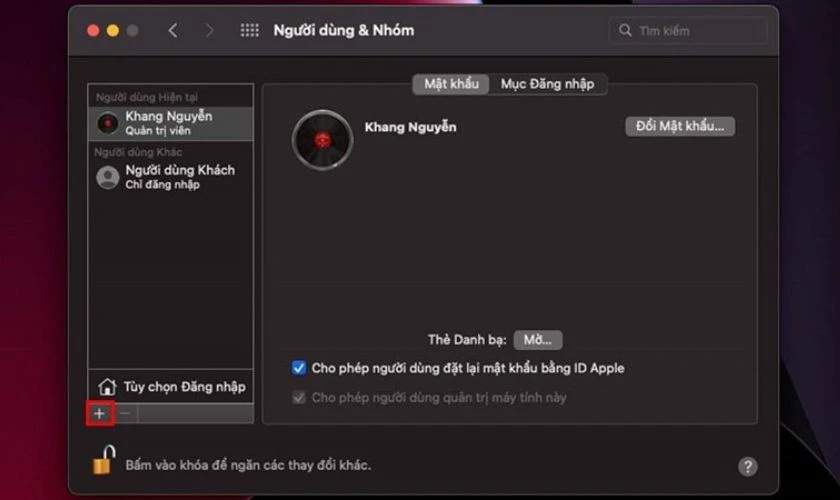Nhấn vào dấu cộng để tạo tài khoản người dùng mới
