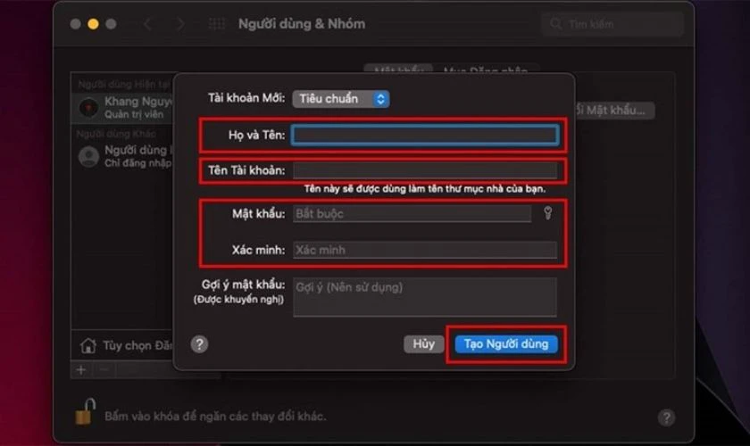 Điền đầy đủ thông tin rồi click vào Tạo Người dùng