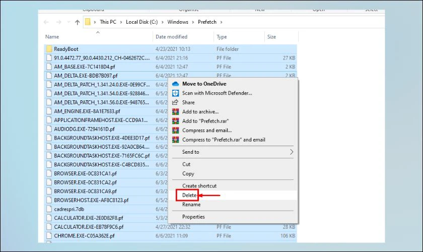 Chọn tất cả các tệp trong cửa sổ vừa xuất hiện ấn phím Delete