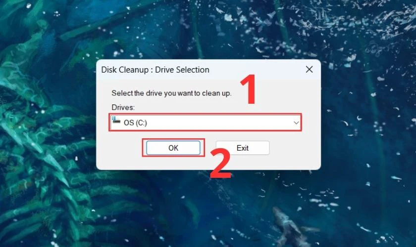 Chọn ổ đĩa C tại ô Drives và ấn OK để dọn rác trên Win 11