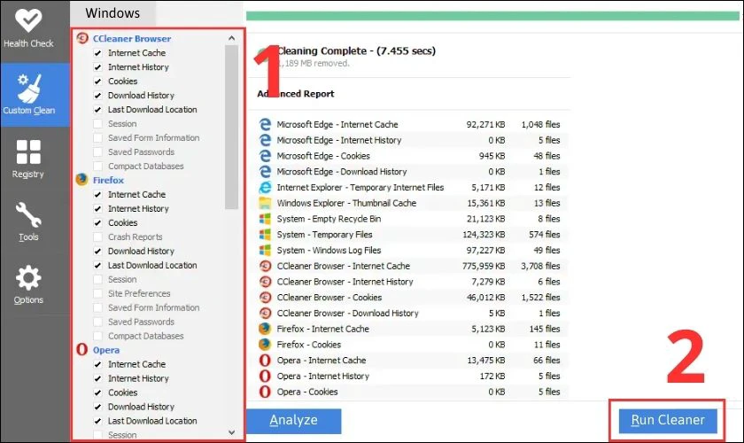 Chọn tệp cần xóa trong phần Windows và nhấn Run Cleaner để hoàn thành
