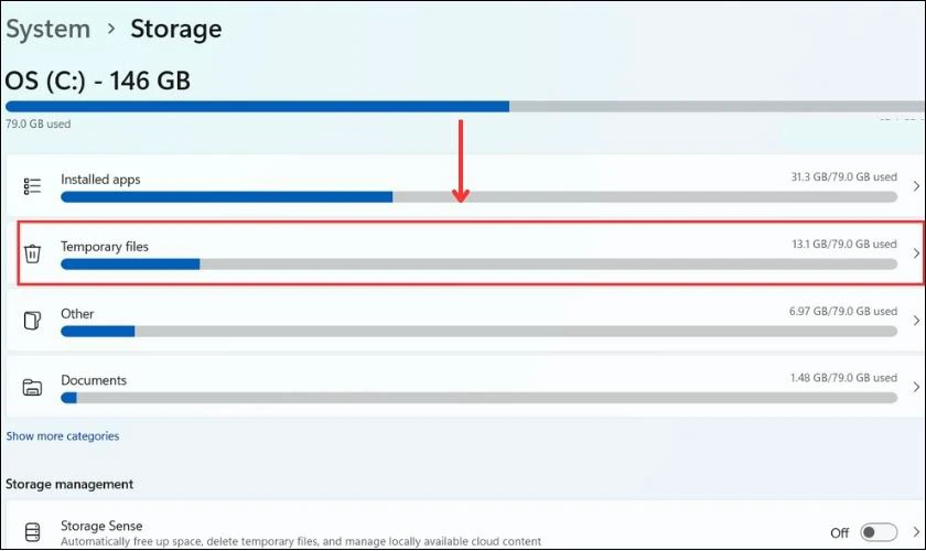 Chọn Temporary file để dọn rác trên Win 11