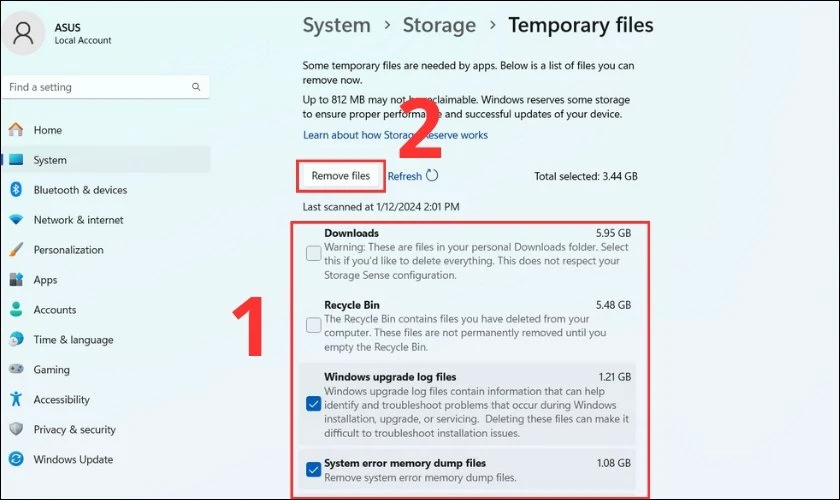 Đánh dấu vào mục dữ liệu tạm thời muốn xóa và chọn Remove files