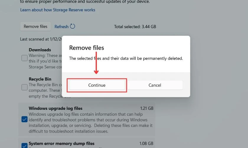 Chọn Continue là hoàn thành dọn rác trên Win 11