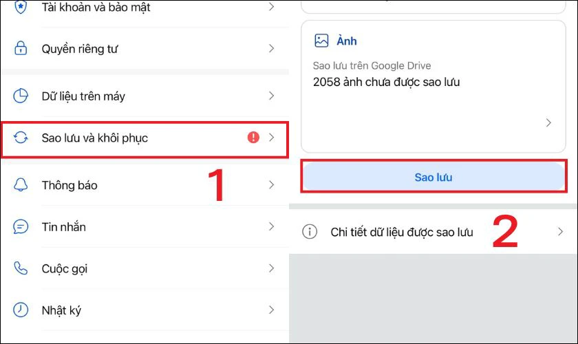 Nhấn vào nút Sao lưu để lưu dữ liệu tin nhắn lên hệ thống đám mây