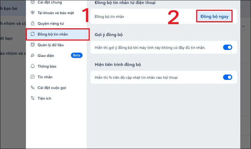 Chọn mục Đồng bộ tin nhắn và nhấn Đồng bộ ngay để bắt đầu