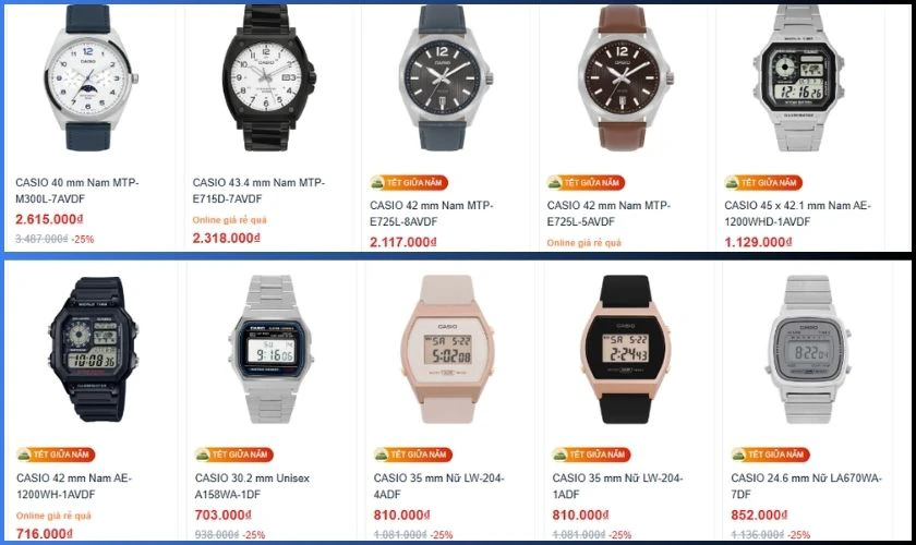 Đồng hồ Casio đa dạng mức giá, tùy theo mẫu mã cùng các yếu tố khác