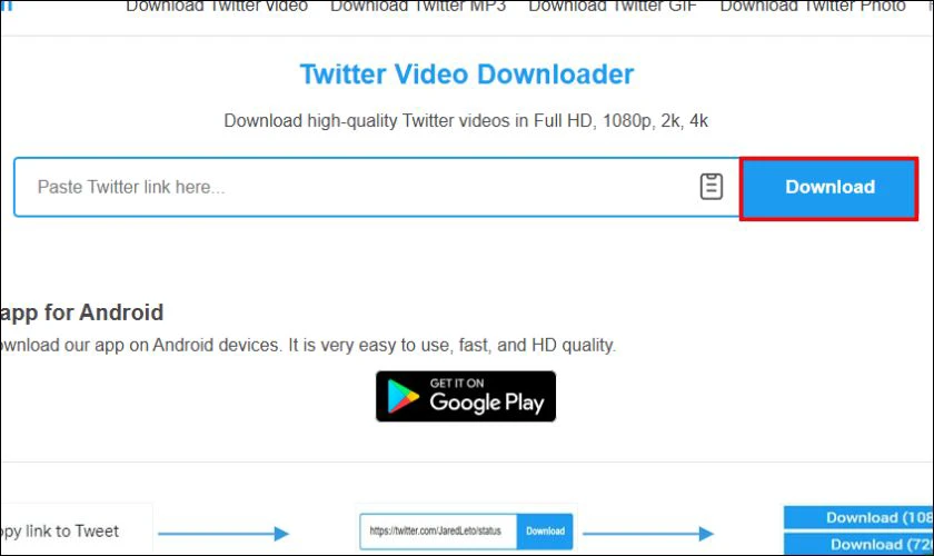Dán liên kết video vào ô nhập trên x2twitter.com, sau đó nhấn nút Download