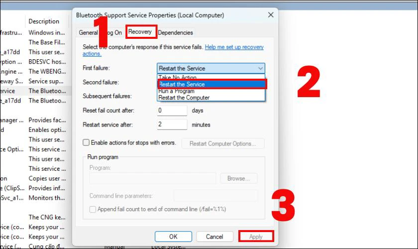 Chuyển sang tab Recovery, trong phần First failure chọn Restart the Service, rồi nhấn Apply
