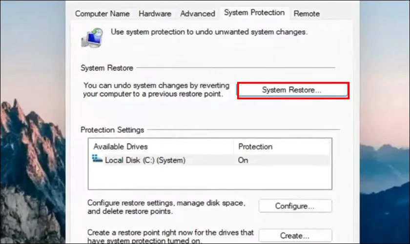 Nhấn vào nút System Restore
