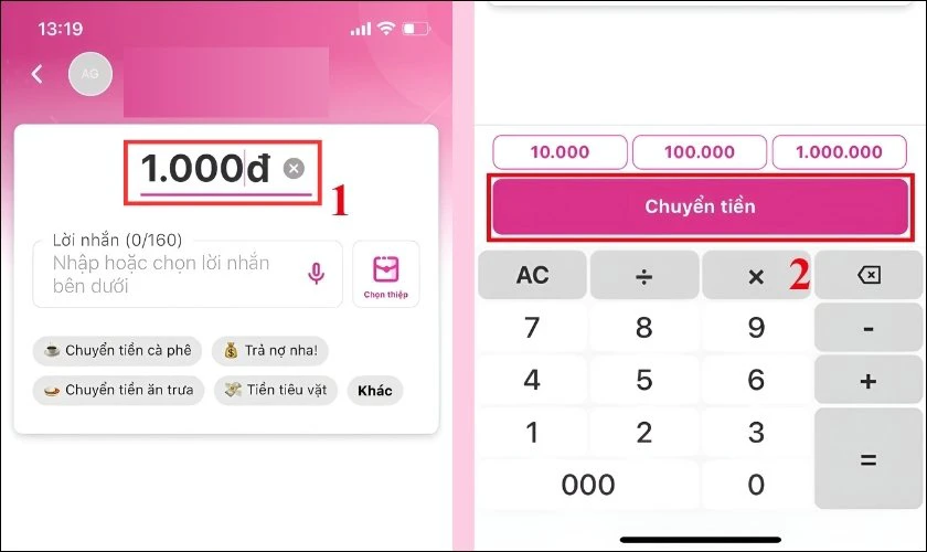 Nhập số tiền và nhấn Chuyển tiền