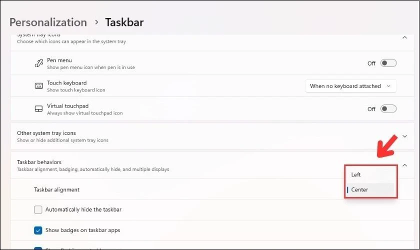 Tiếp tục nhấn vào mục Taskbar alignment