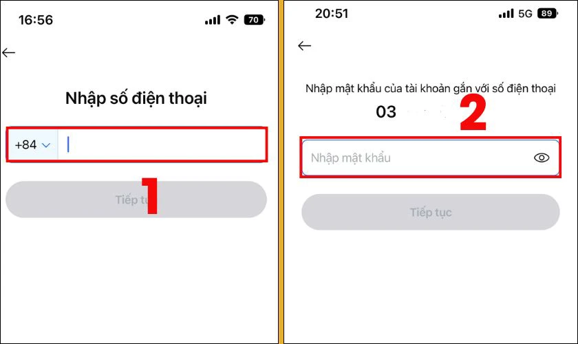 Nhập số điện thoại, mật khẩu của tài khoản Zalo thứ hai