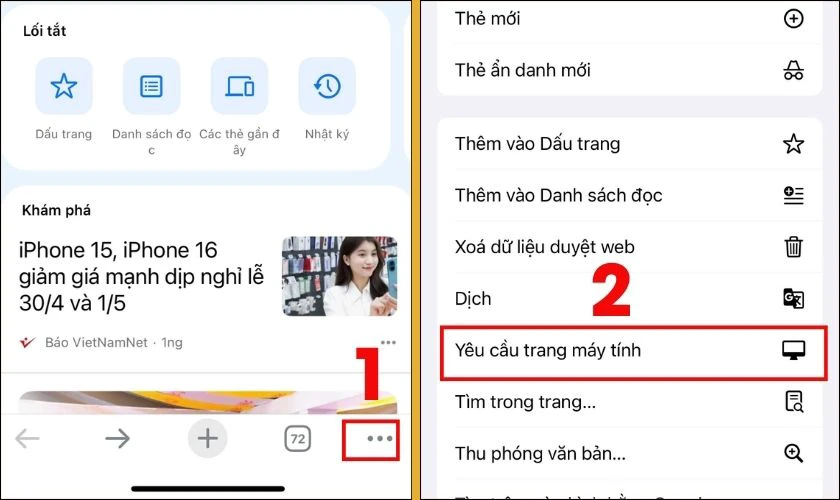 Nhấn vào dấu 3 chấm ở góc cuối màn hình, chọn Yêu cầu trang máy tính