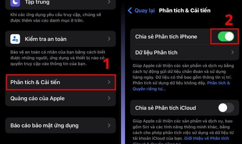 Bật mục Chia sẻ Phân tích iPhone