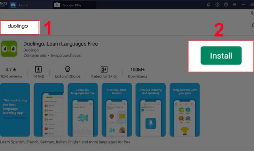 Nhấn Enter và nhấn tiếp Install/Cài đặt ở cạnh ứng dụng Duolingo