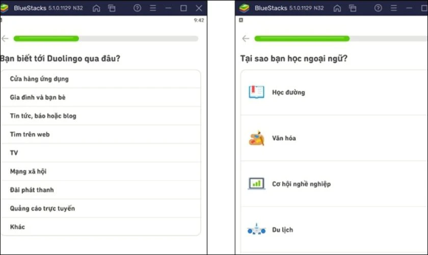 Tiếp theo, bạn chọn thông tin biết đến ứng dụng Duolingo và lý do học ngôn ngữ mới
