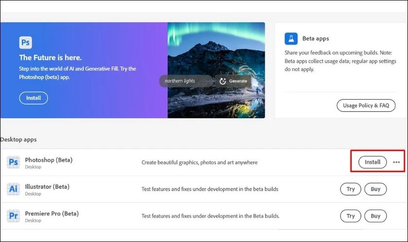 Nhấn chọn Install ở mục Photoshop Beta