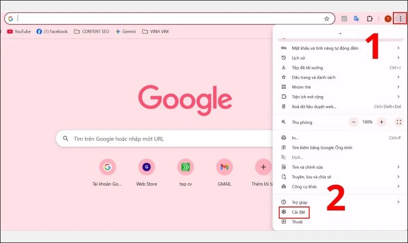 Click chuột vào nút 3 chấm ở góc phải trình duyệt, sau đó chọn Cài đặt