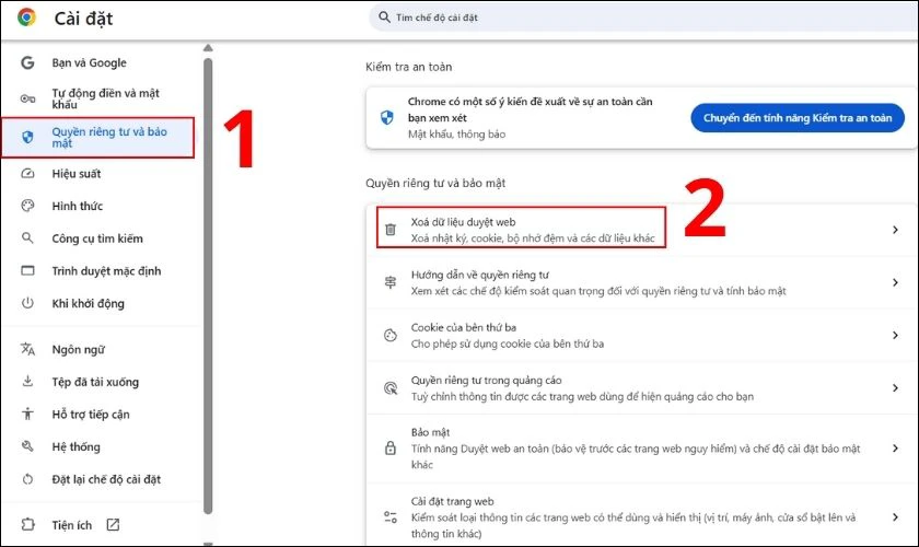 Xóa bộ nhớ cache và cookie