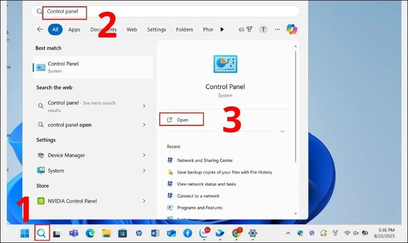 Chọn ứng dụng Control panel