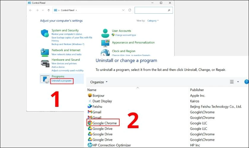 Tại hộp thoại Control Panel, bạn hãy chọn mục Uninstall a program