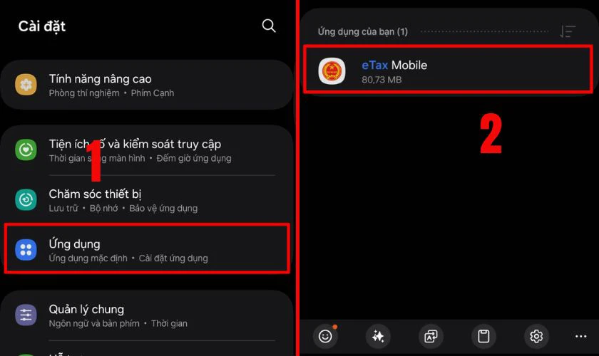 Vào Cài đặt trên điện thoại, chọn Ứng dụng và tìm eTax Mobile