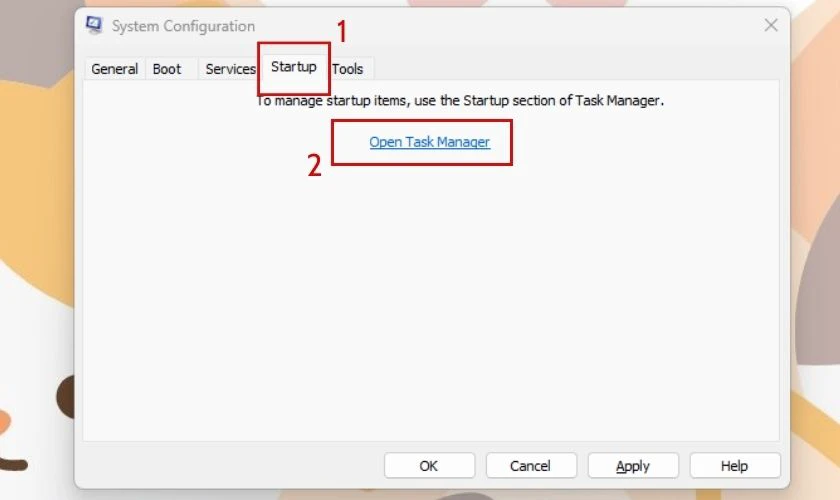 Chuyển sang mục Startup và chọn Open Task Manager