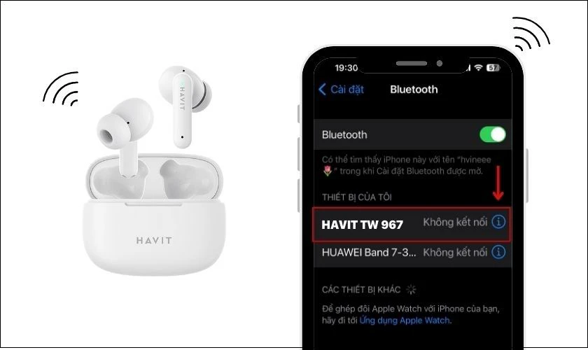 Tìm tên tai nghe Havit TW 967 và nhấn chọn