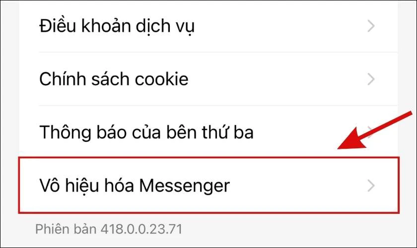 Chọn mục Vô hiệu hoá Messenger