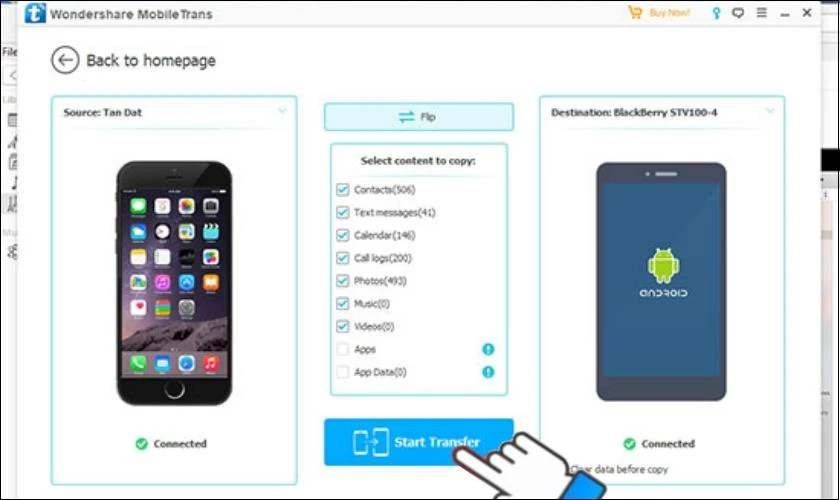 Nhấn Start Trandsfer để bắt đầu chuyển dữ liệu từ iPhone sang Android