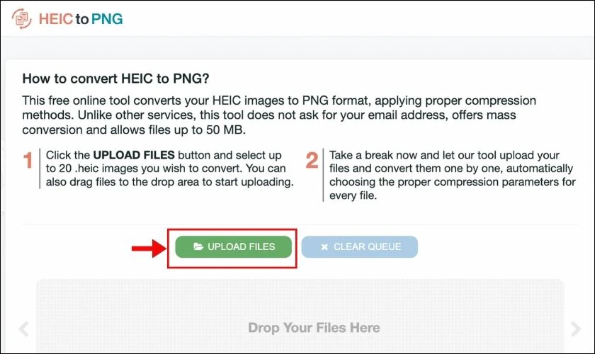 Chọn Upload File để tải file HEIC cần chuyển đổi lên