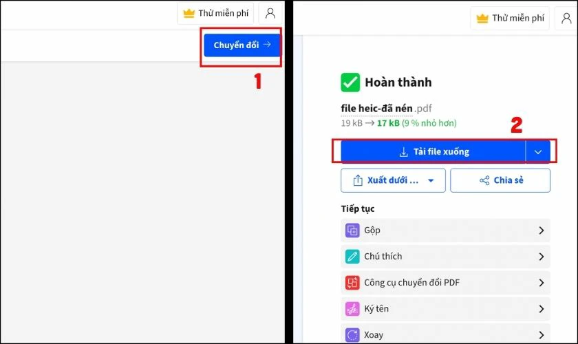 Nhấn Chuyển đổi và đợi công cụ thực hiện tự động rồi nhấn Tải file xuống