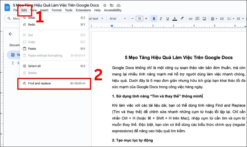 Cách tìm và thay thế bằng Find and Replace Google Docs