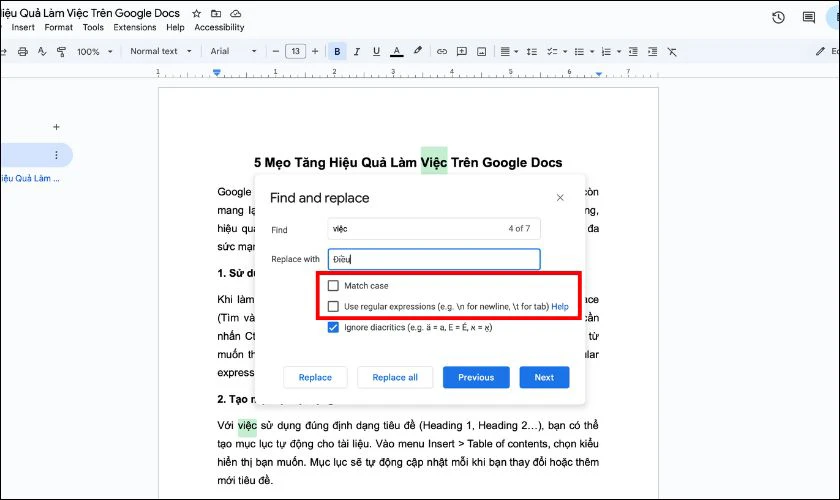 Các cài đặt tùy chọn Find and Replace Google Docs