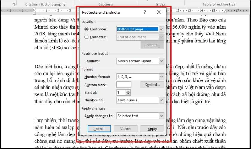 Hộp thoại Footnote and Endnote xuất hiện trên giao diện Word